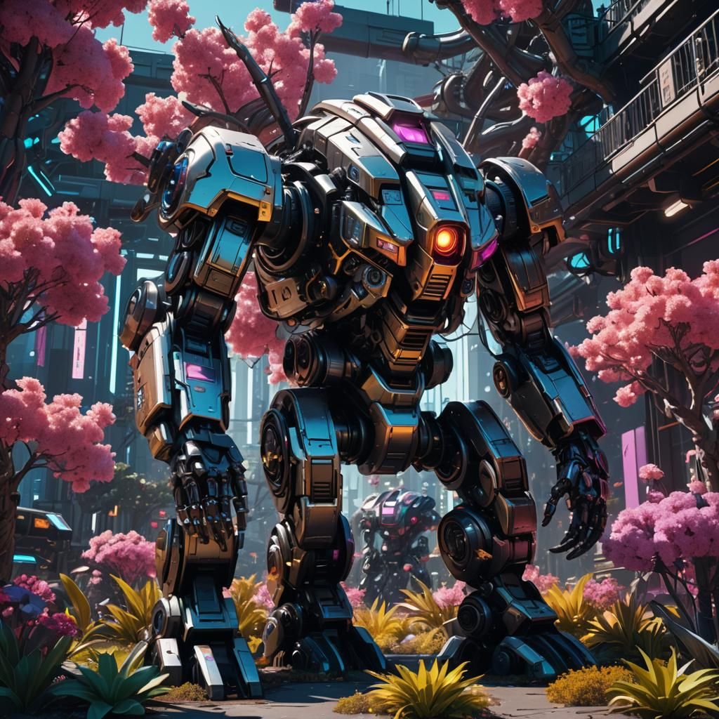 Cyberpunk Mech Garden with Neon Flora