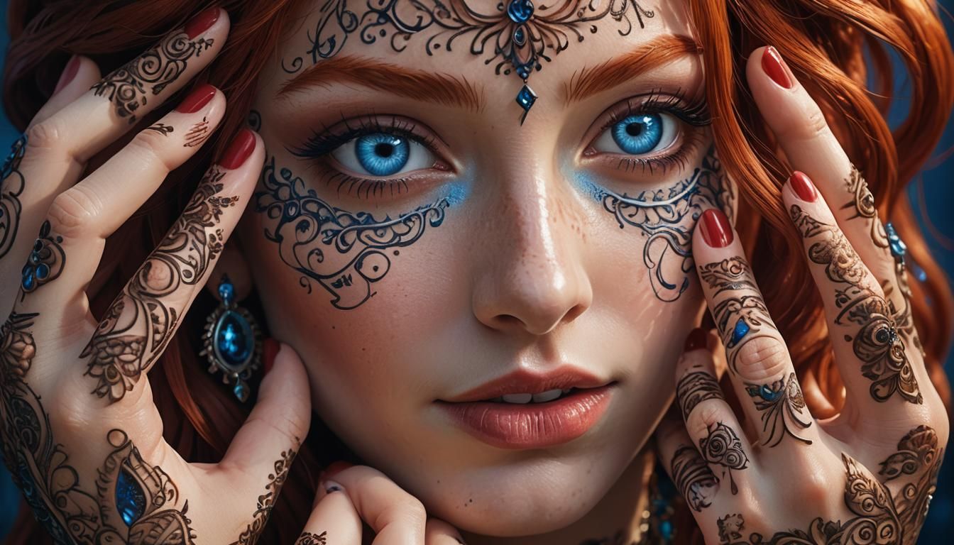 Vibrant Red-Haired Woman with Henna, 3D Anime Art