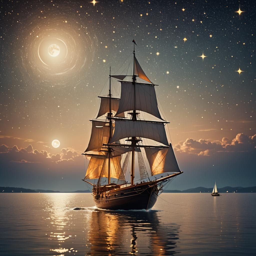 Sailboat Shines in Starry Night Sky