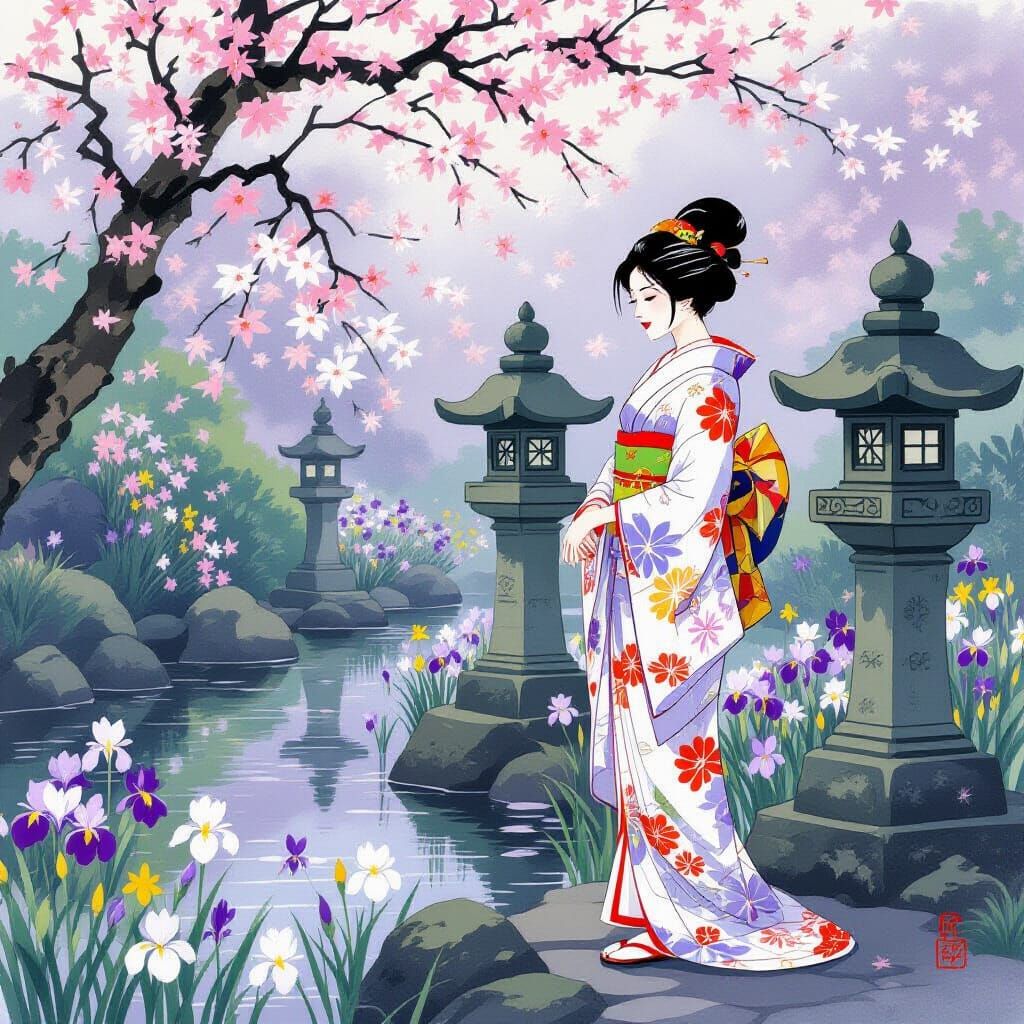 Serene Woman in Kimono by Iris Pond