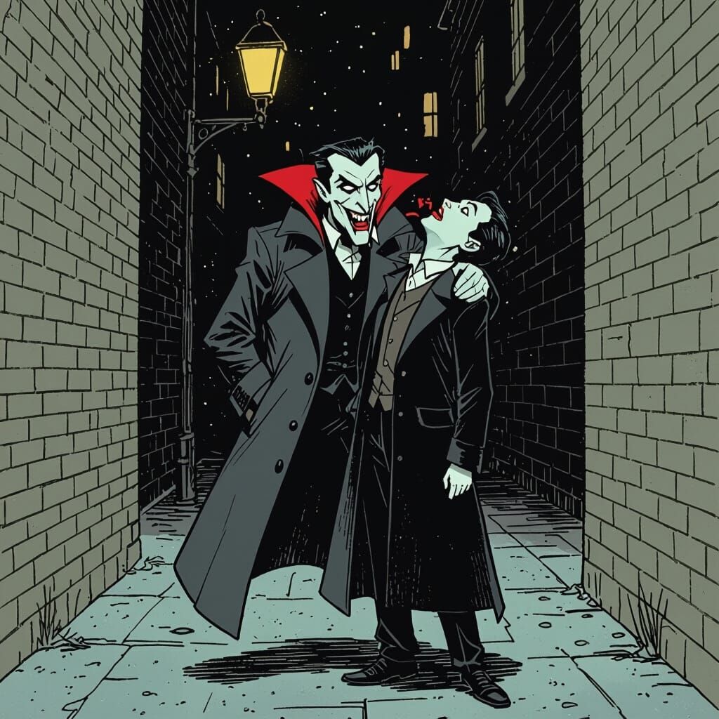 Vampire Bites Person in Dark Alley Noir Comic Style