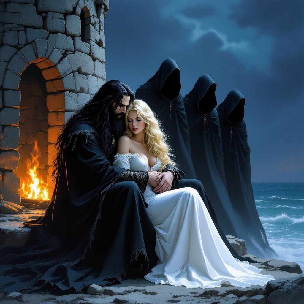 Dark Wizard Embraces Woman in Ruined Tower, Shadow Figures H...