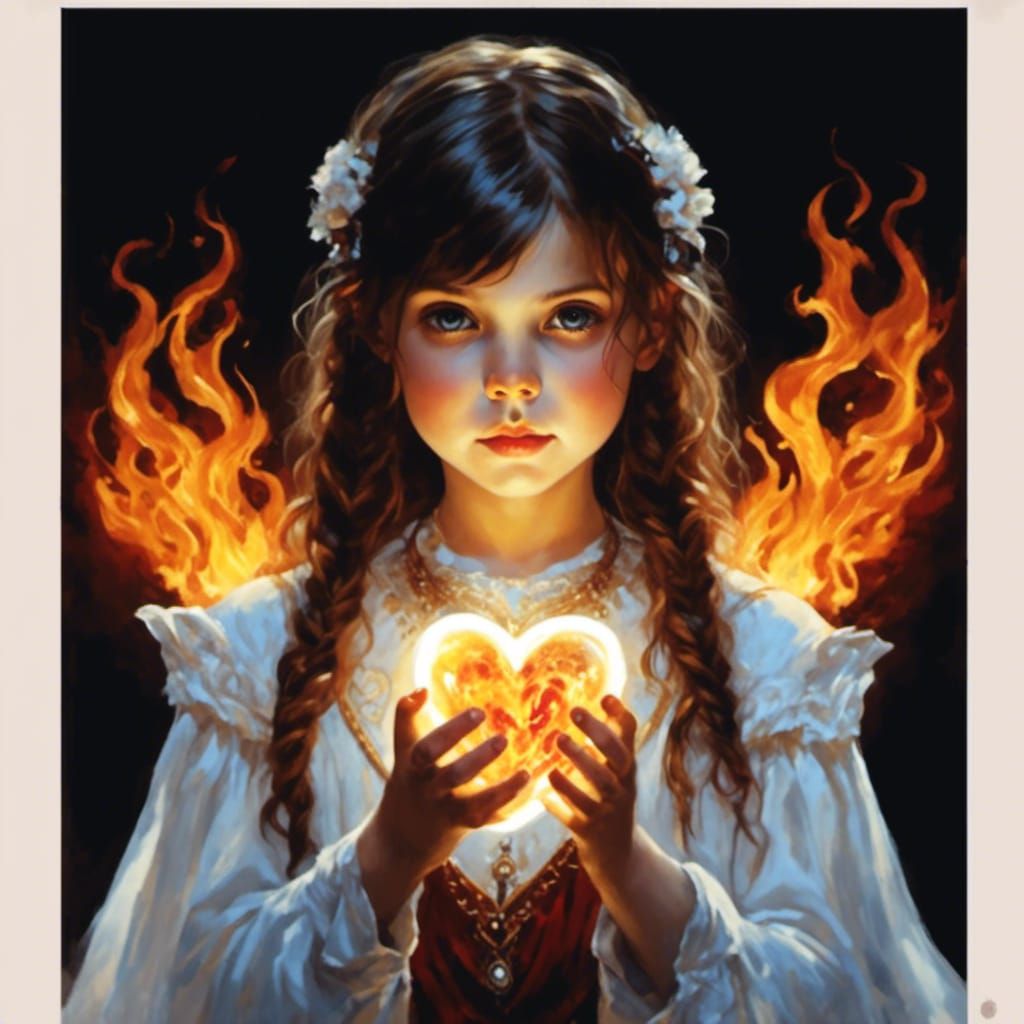 Innocent Girl Holding a Burning Heart