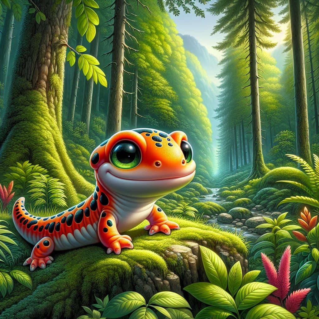 Adorable Cartoon Salamander in Lush Forest Illustration