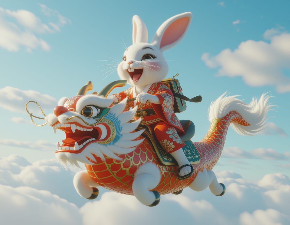 Japanese Bunny Rides Dragon in Hyper-Realistic CGI