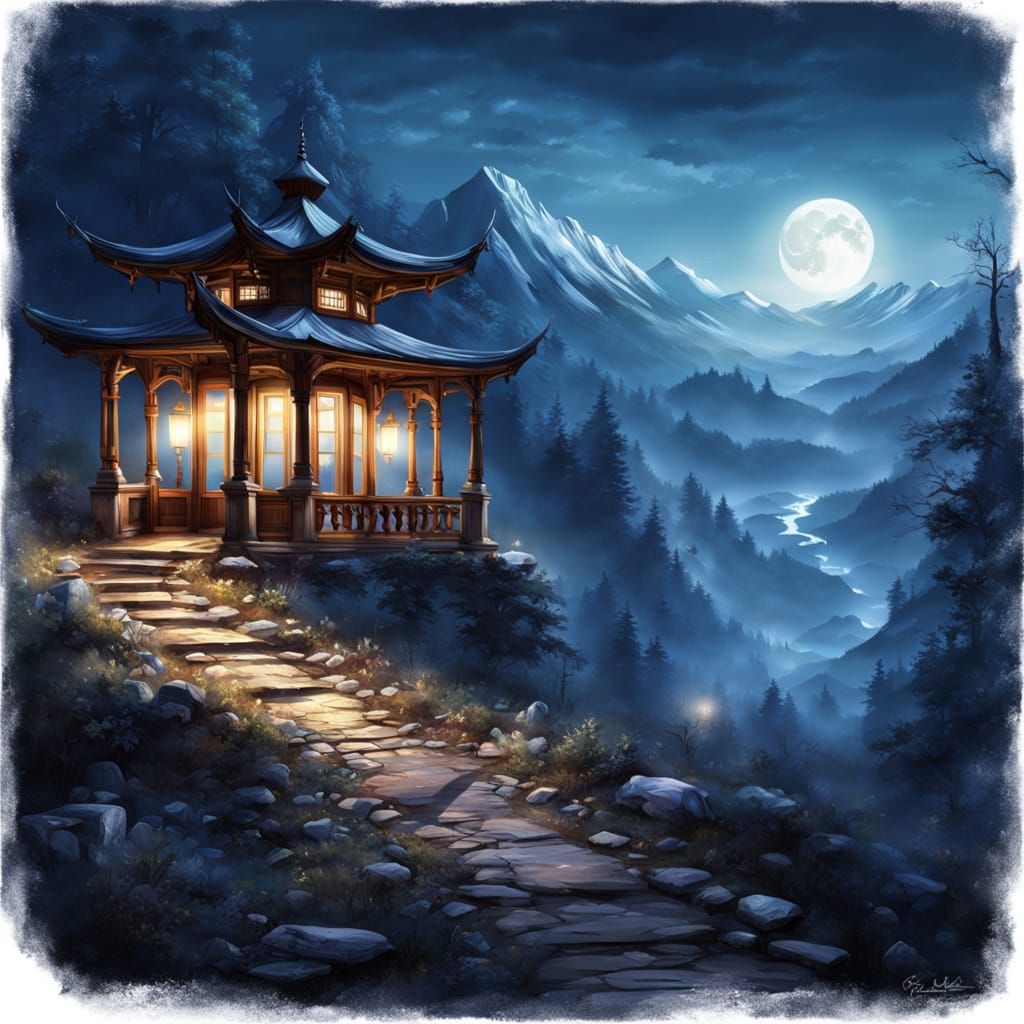 Moonlit Mountain Oasis in Whimsical Realism