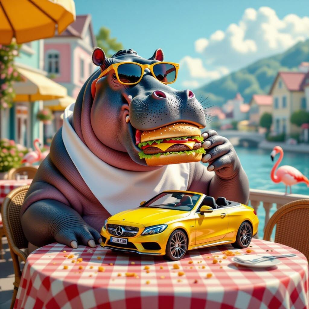 Hippo Eats Car: Surreal Fantasy in Vibrant Colors