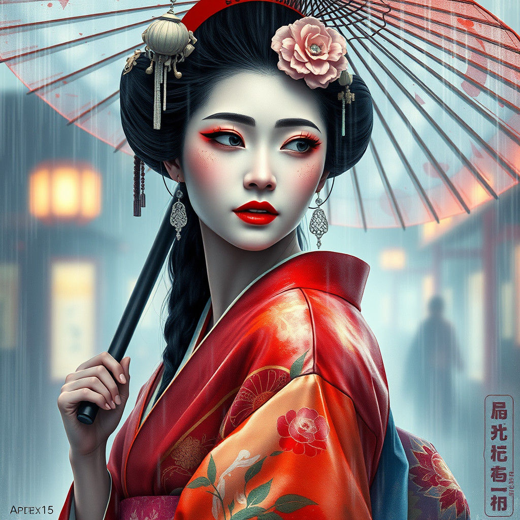 Geisha in Rain: Watercolor Portrait