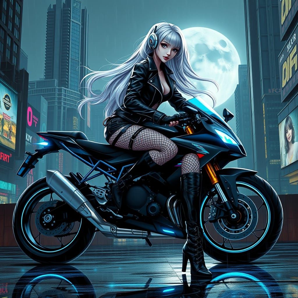 Gritty Cyberpunk Goddess Rides Electric Sport Bike in Neon-L...