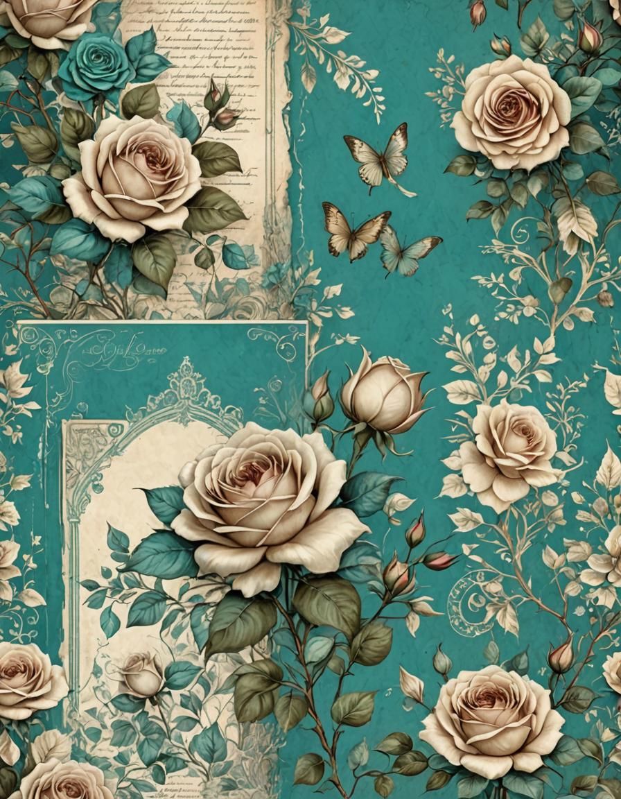 Vintage Rose Paper for Junk Journals in Teal
