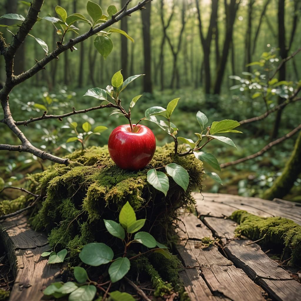 Red Apple Still Life in Forest, Macro Folk Art