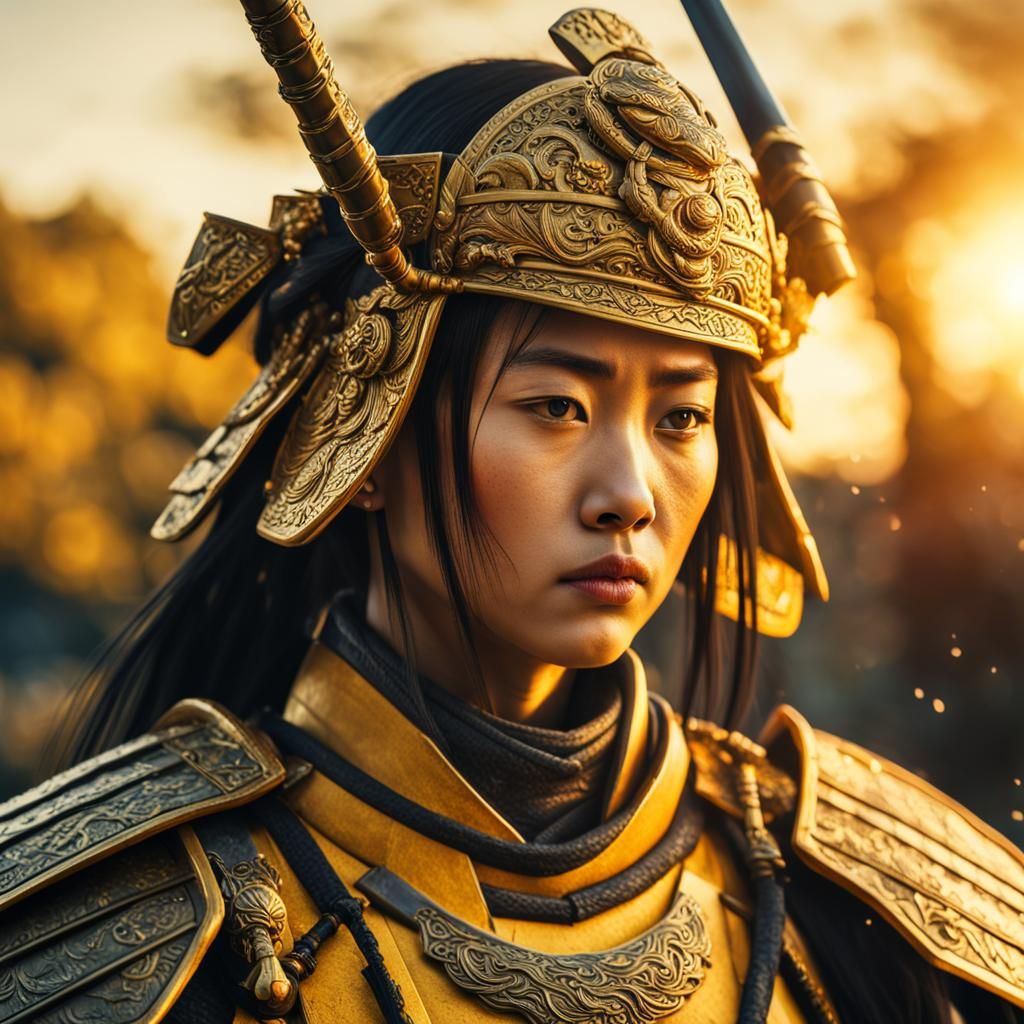 Hyperrealistic Golden Female Samurai Warrior