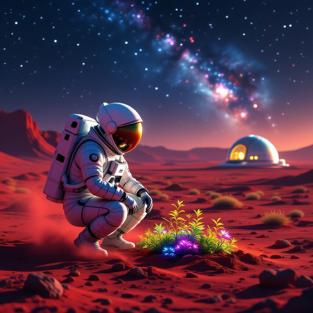 Astronaut Tends Bioluminescent Garden on Desolate Mars