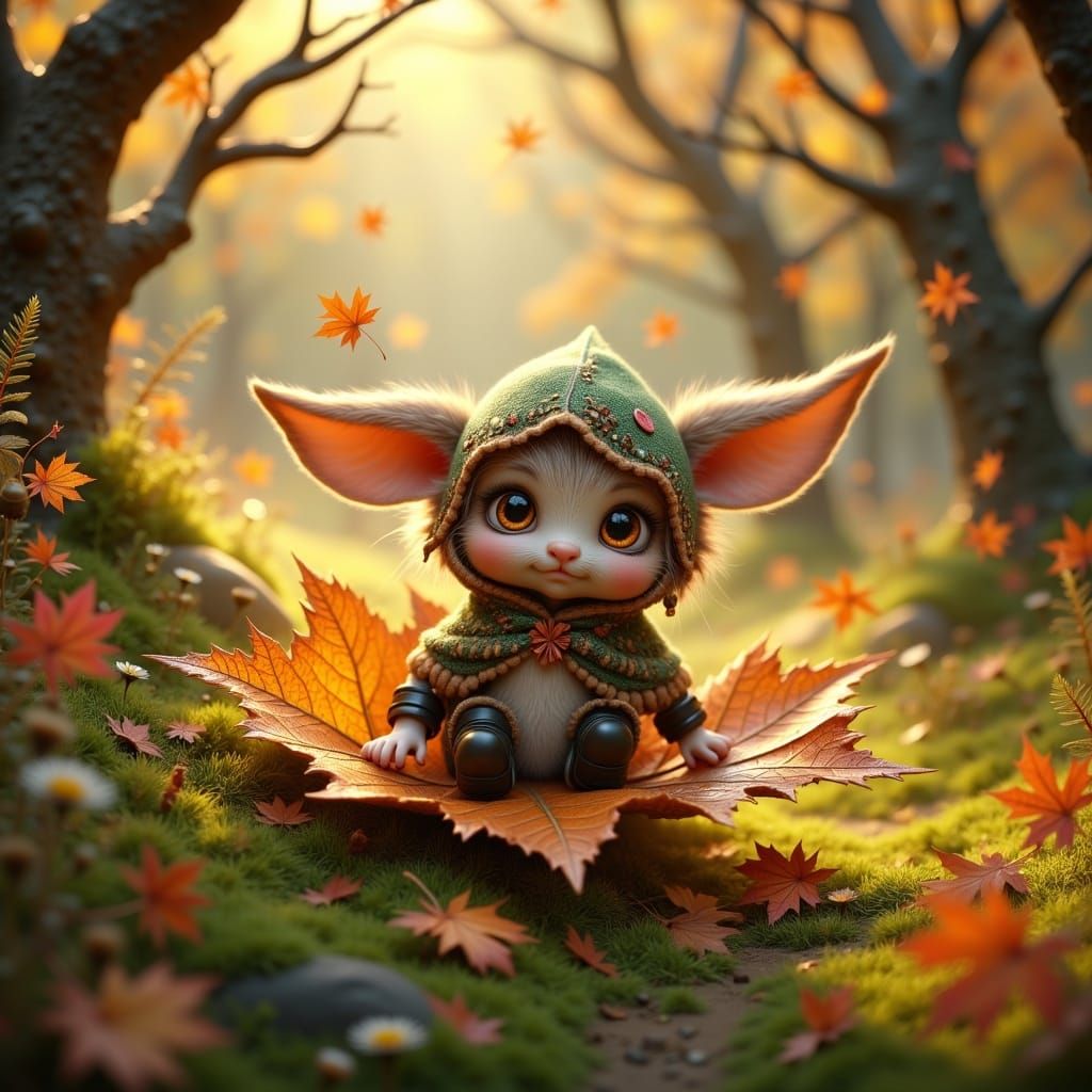 Whimsical Autumn Wonderland with Tiny Bunny on Giant Leaf