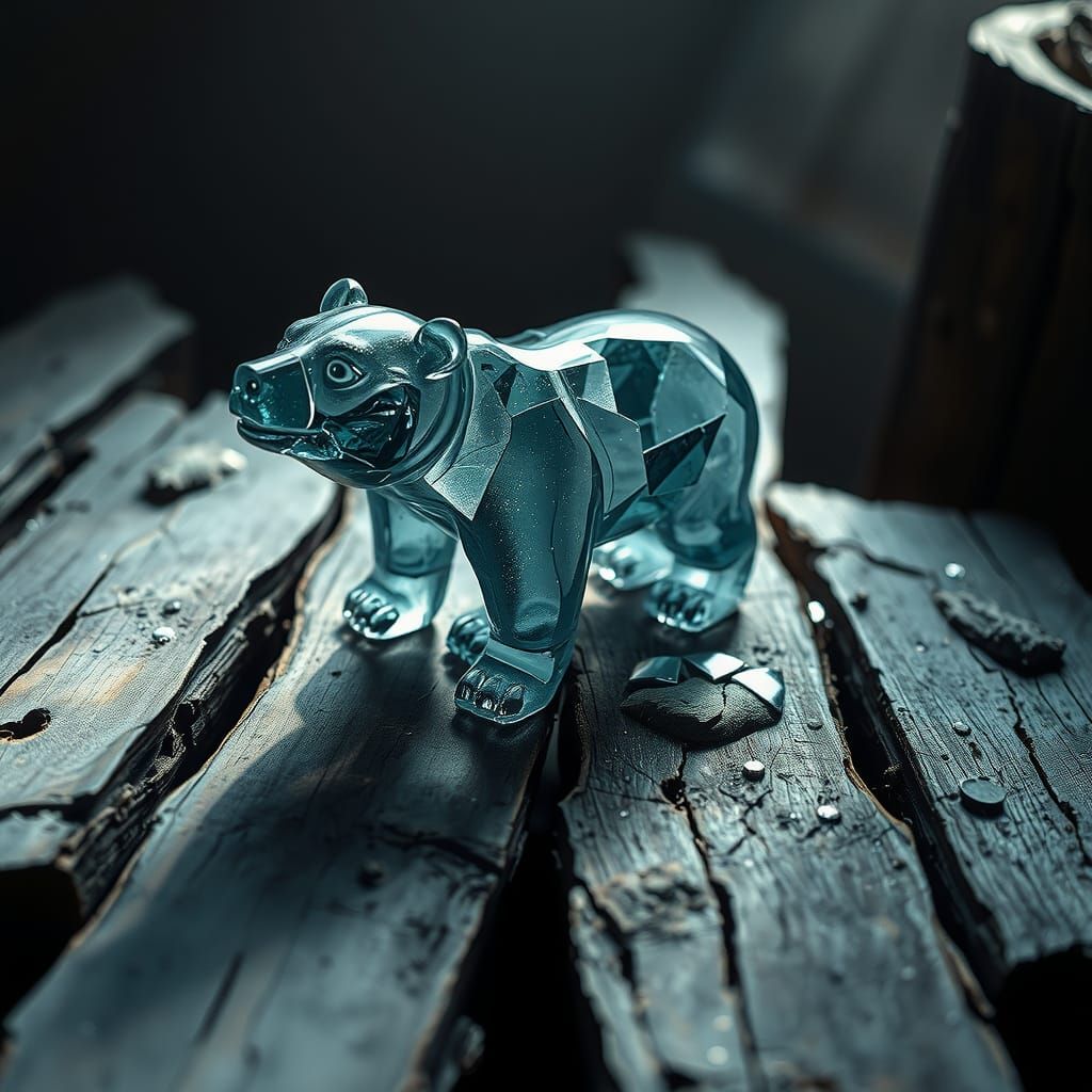 Shattered Glass Bear Figurine: Moody Cinematic Still Life