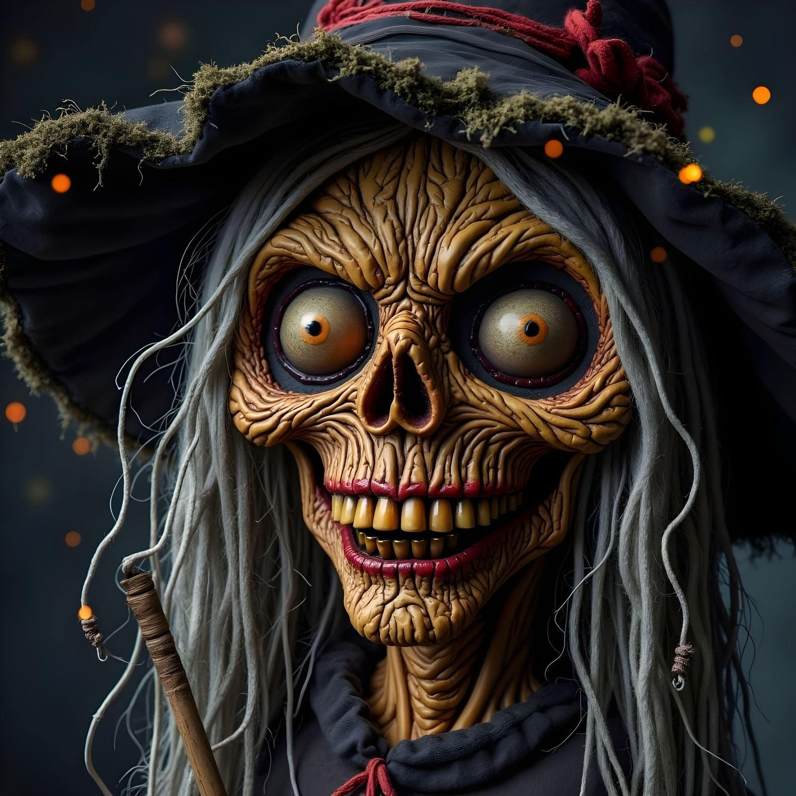 Grotesque Apple Witch Doll with Twisted Features