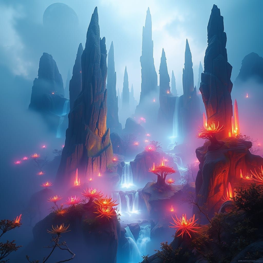 Ethereal Landscape of Glowing Plants and Crystalline Spires