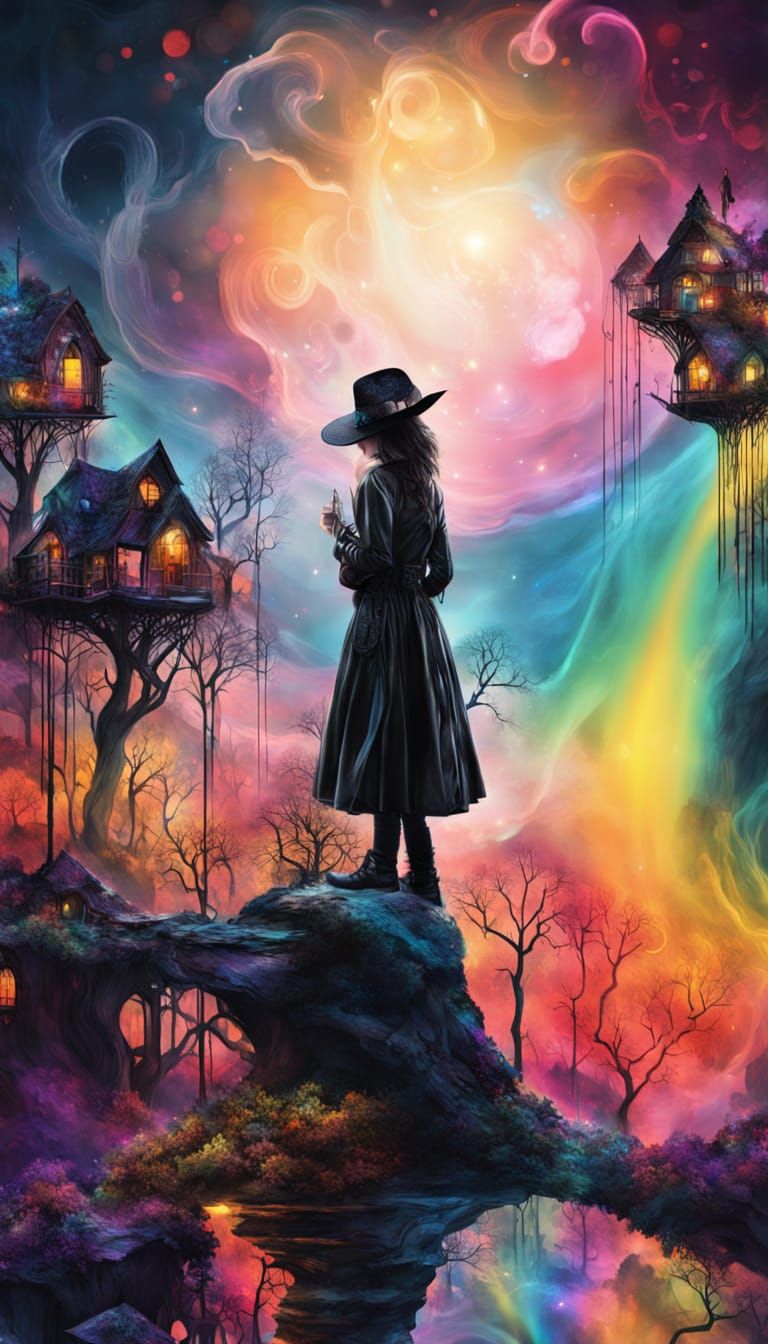 An Autumn city  made of  Tree houses   on a forest planet ,a fairy godmother watches  over, a surreal digital art piece ...