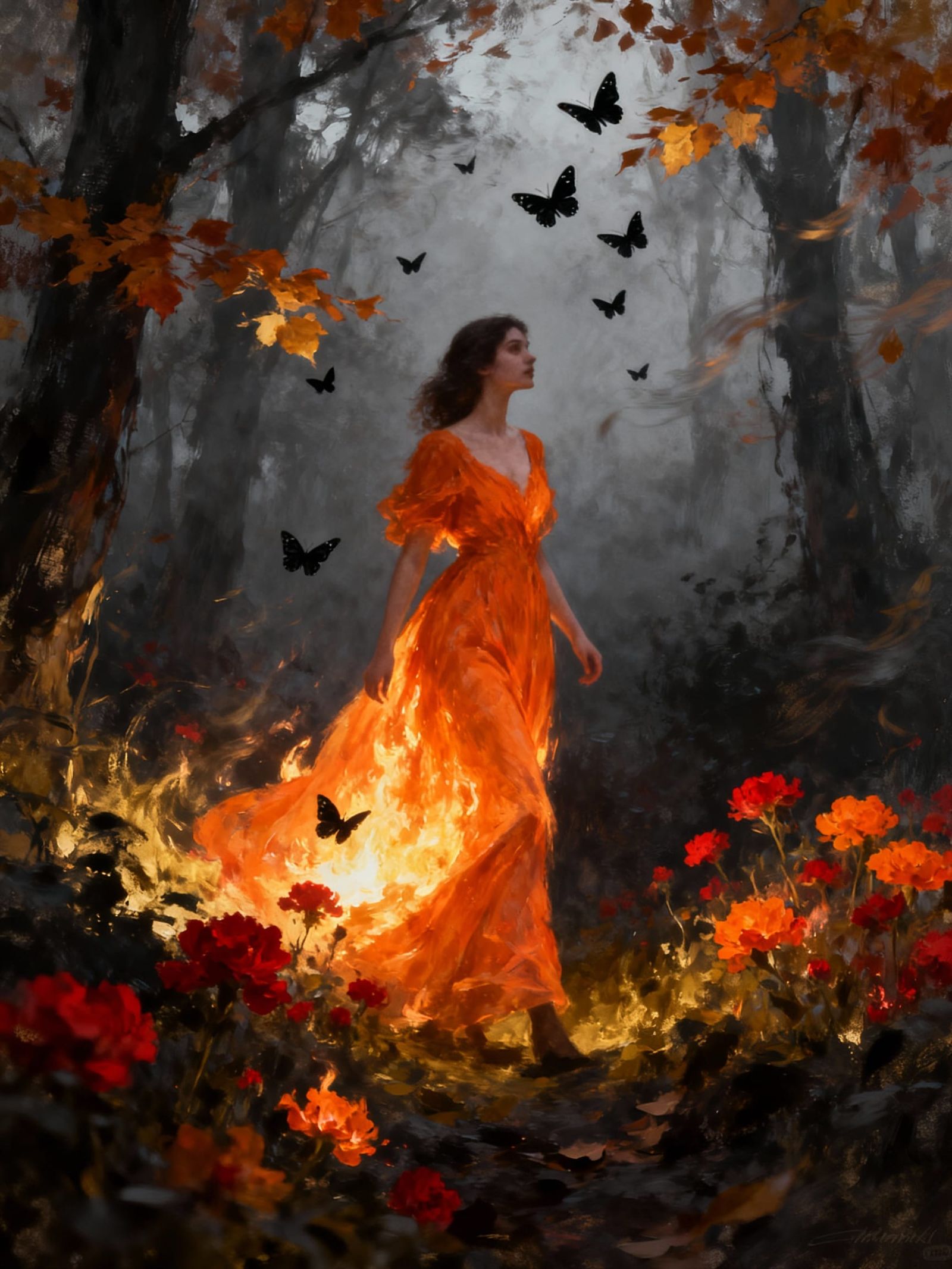 Woman in Glowing Gown in Misty Forest