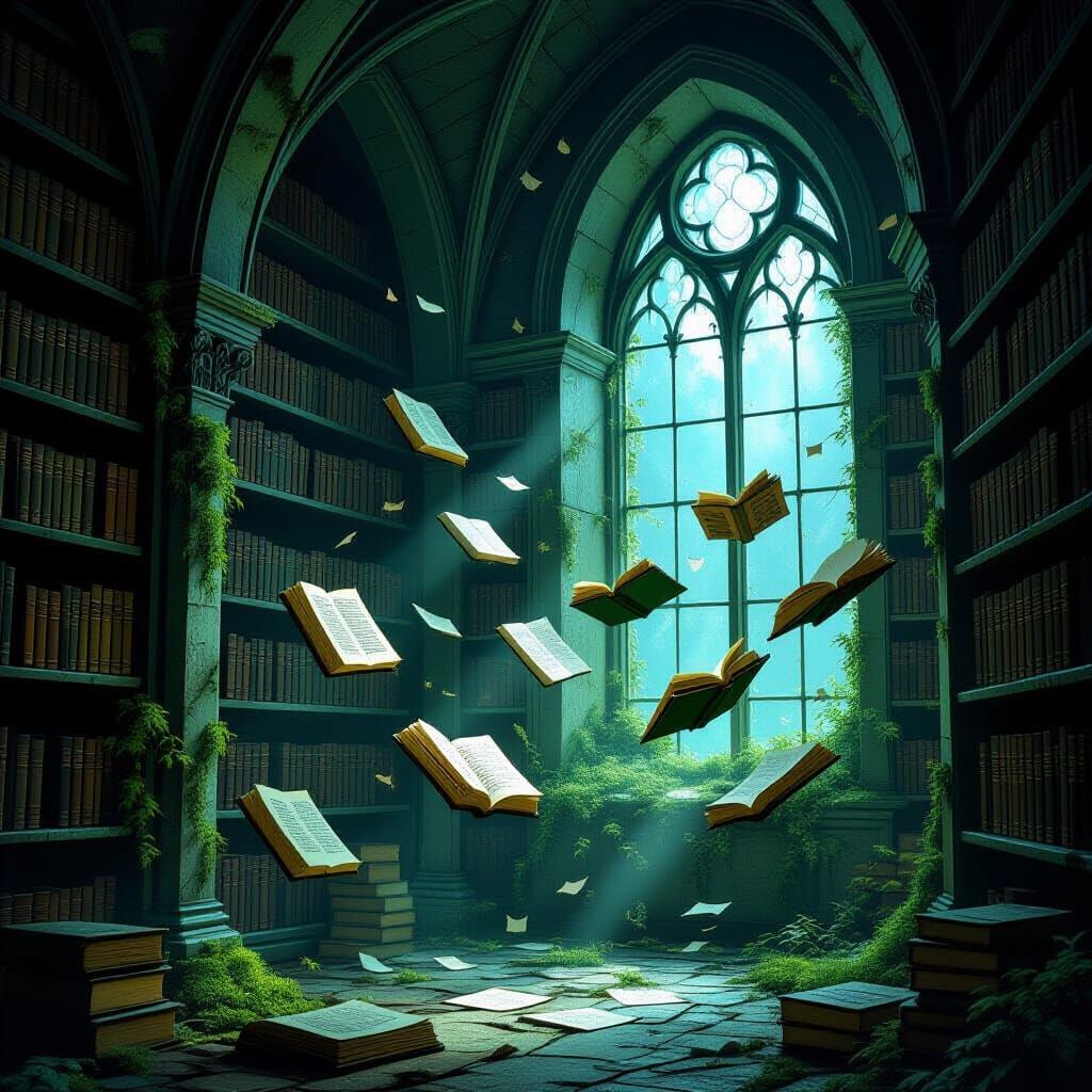 Floating Books in Ancient Moss Library by Moonlight