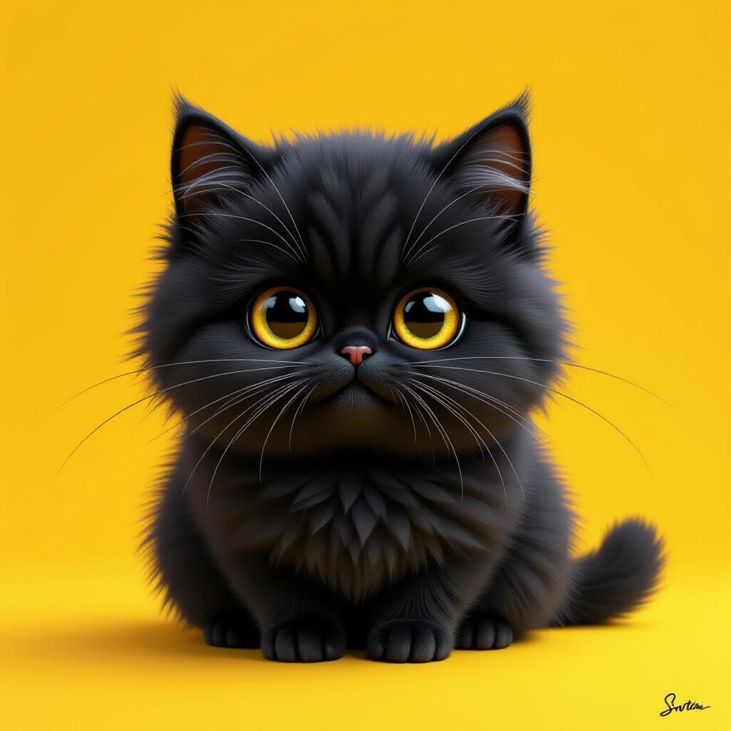 Chubby Fluffy Black Cat with Gigantic Eyes