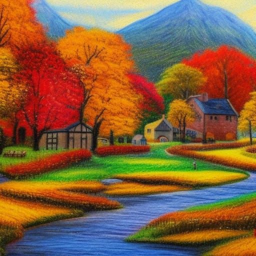 Charming Autumn Village: Crayon Painting Landscape
