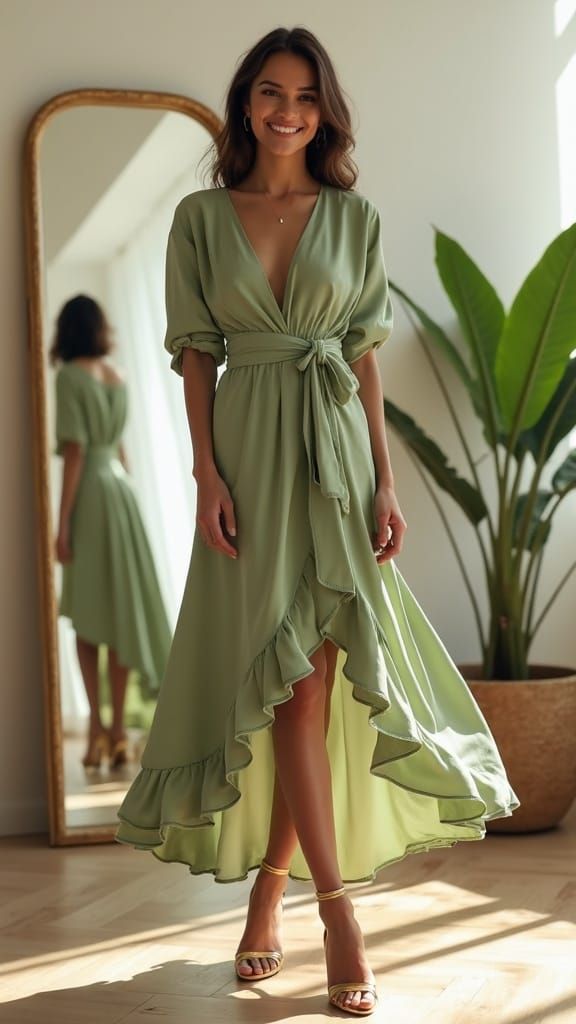 Luminous Sage Green Dress Fashion Portrait