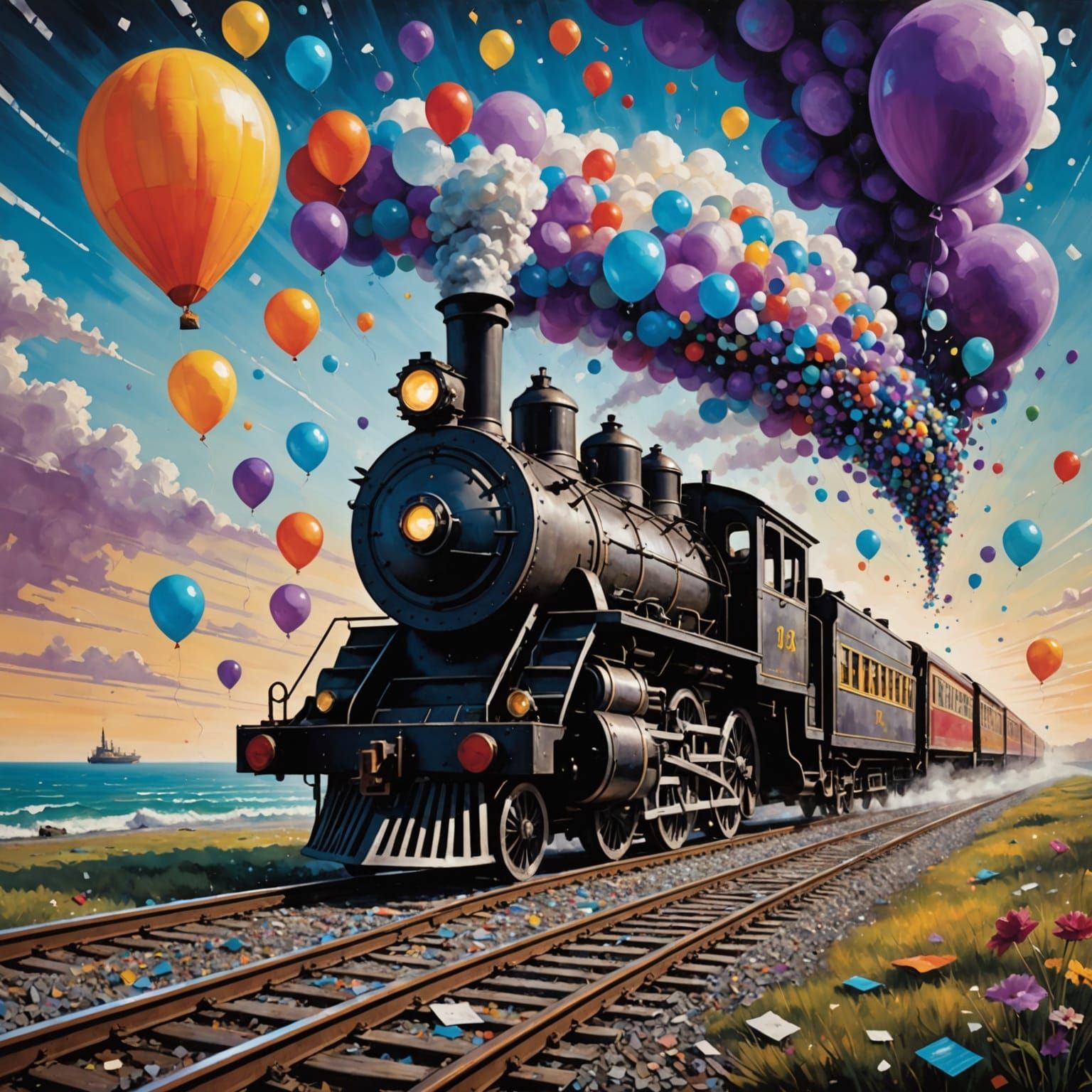 Surreal Cyberpunk Train Chugs Across Ocean of Ink