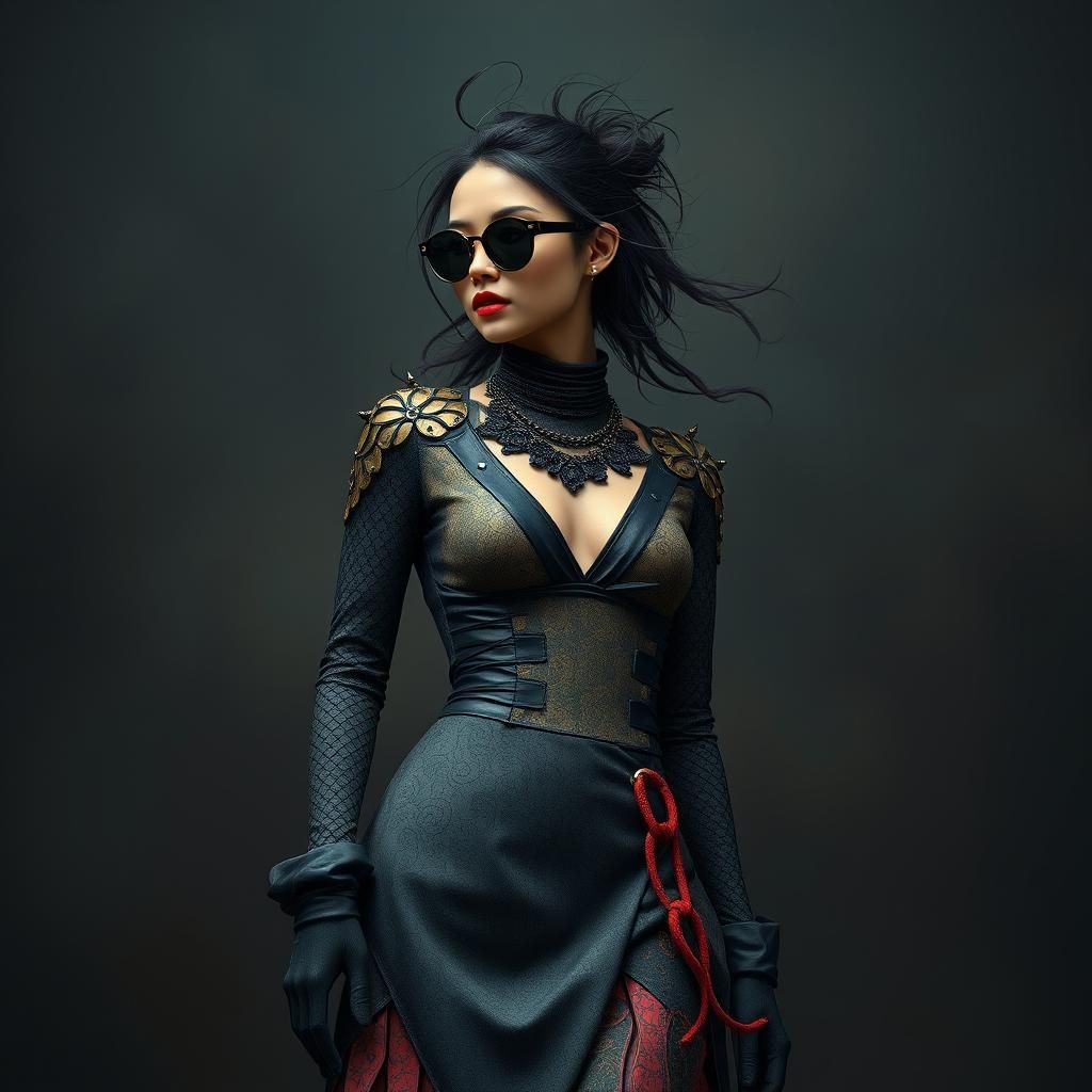 Fashion-Forward Woman in Solar Punk Style Dress