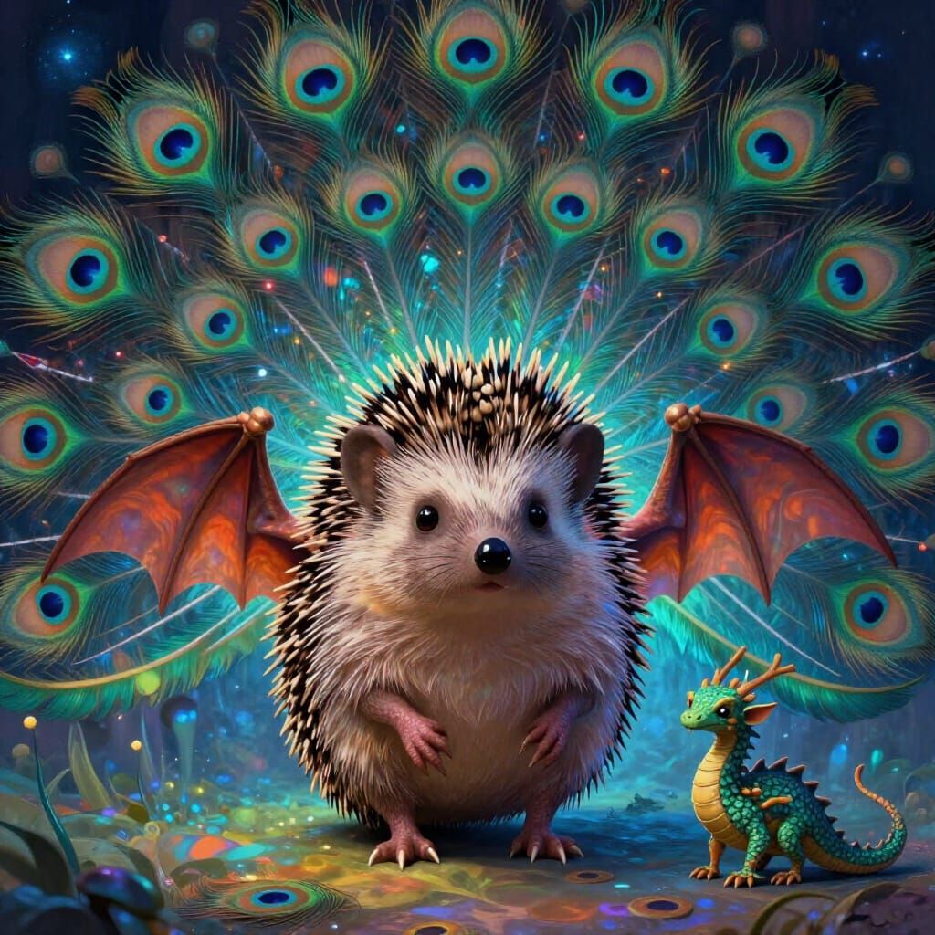 Fantastical Hedgehog-Peacock-Dragon Hybrid Creature
