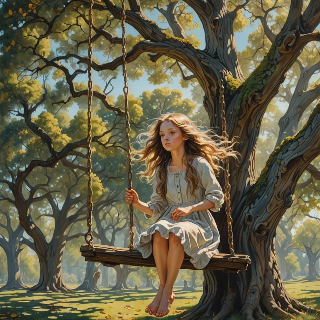 Girl on Swing: Surreal Renaissance Style Painting