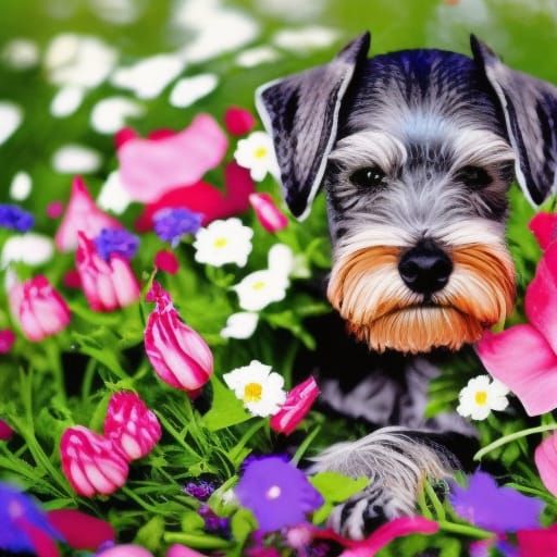 Miniature Schnauzer in Flower Bed, Ethereal Fantasy