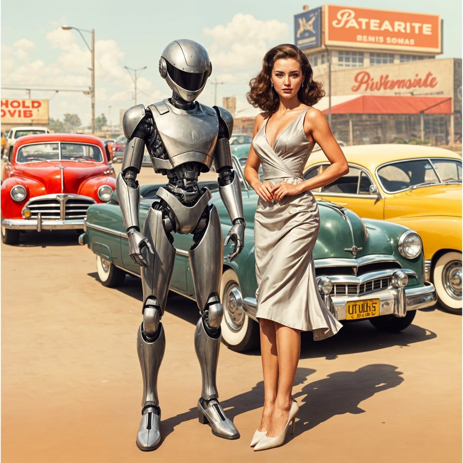Robot and Woman with 1950s Cars