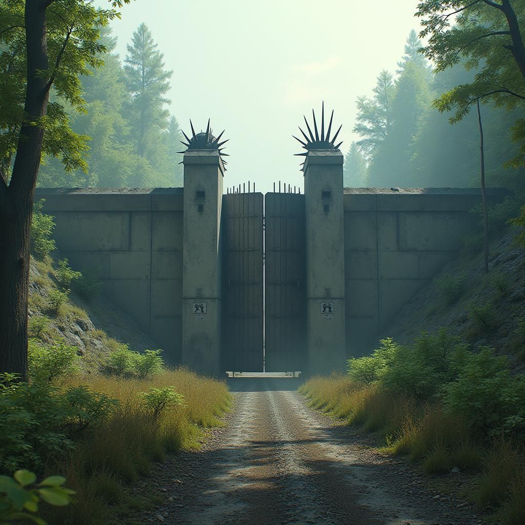 Imposing Cement Wall with Spiked Gate in Eerie Forest