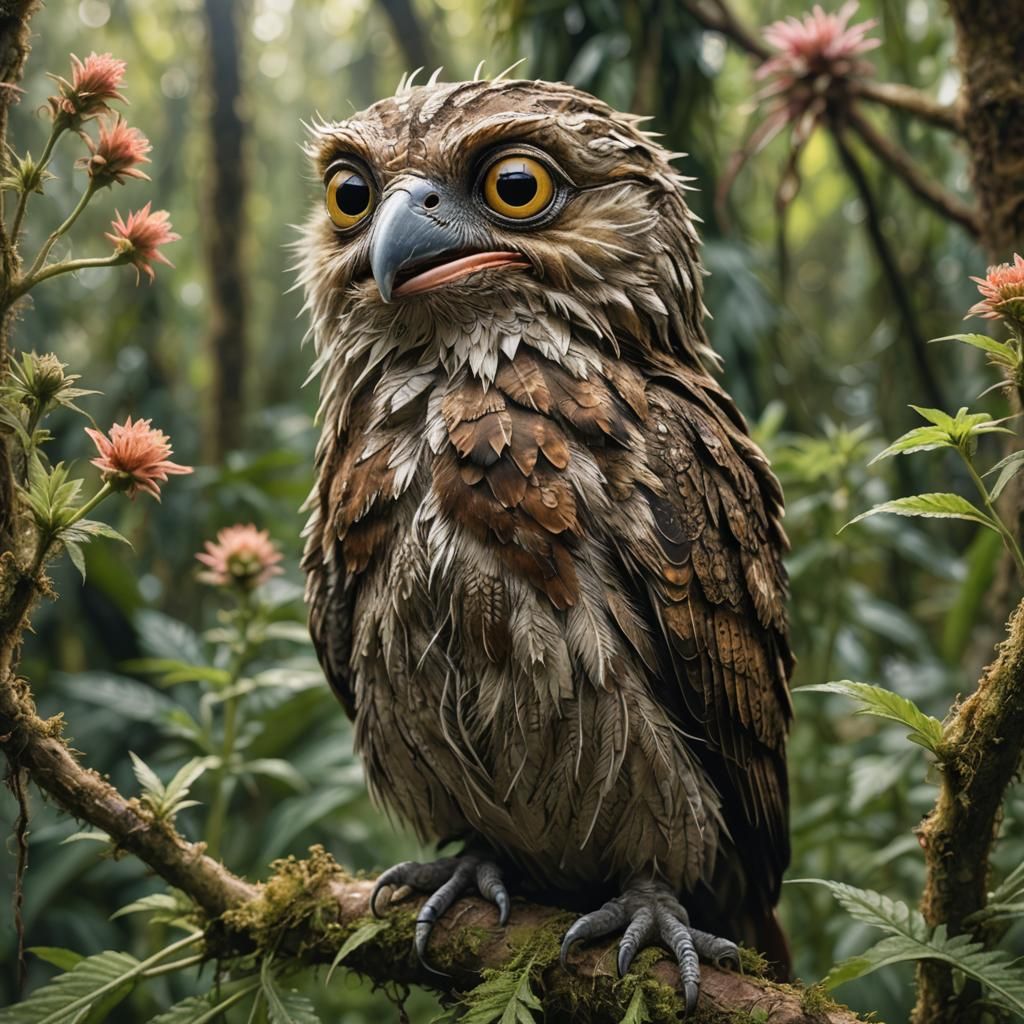Potoo Bird in Cannabis Flower Jungle, Macro Photo