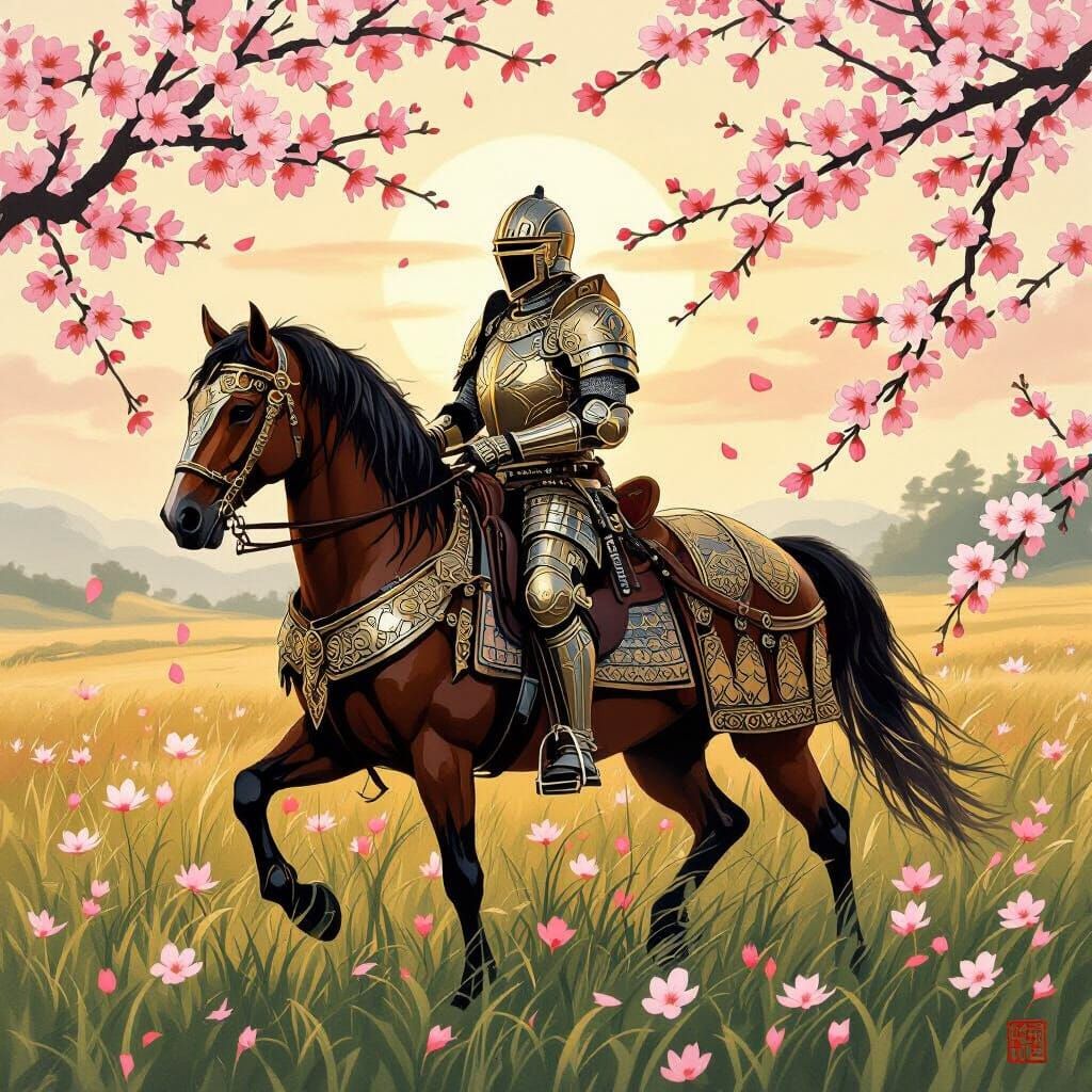Medieval Knight in Japanese Painting Style