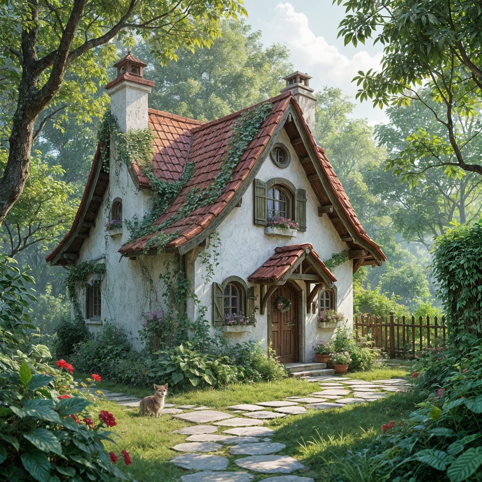 Ivy-covered Cottage in Fantasy Landscape