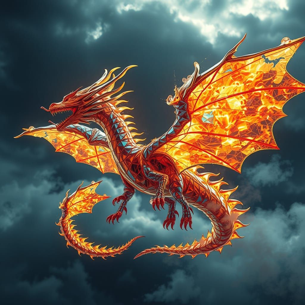 Majestic Glass Dragon Soars Amidst Smoldering Skies