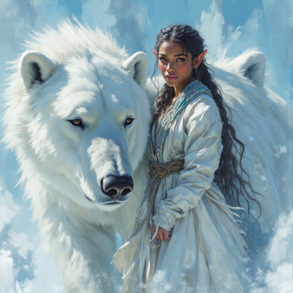Elven Ice Princess Rides Polar Bear in Studio Style