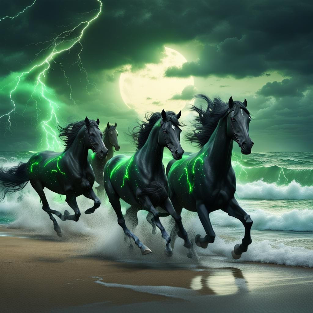Black Horses Run Free Under Green Lightning