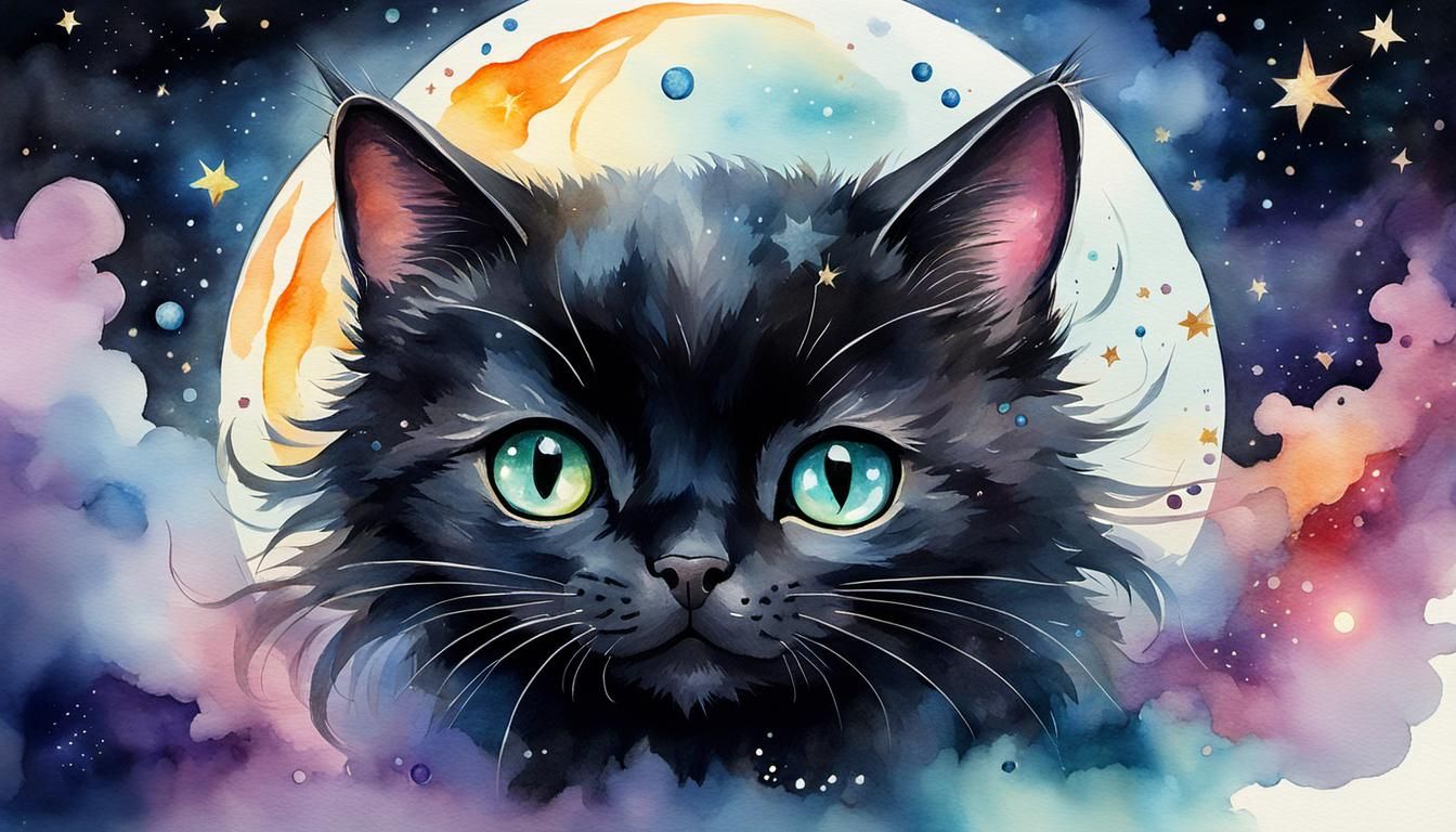 Expressive Black Cat Fairy in Watercolor Style