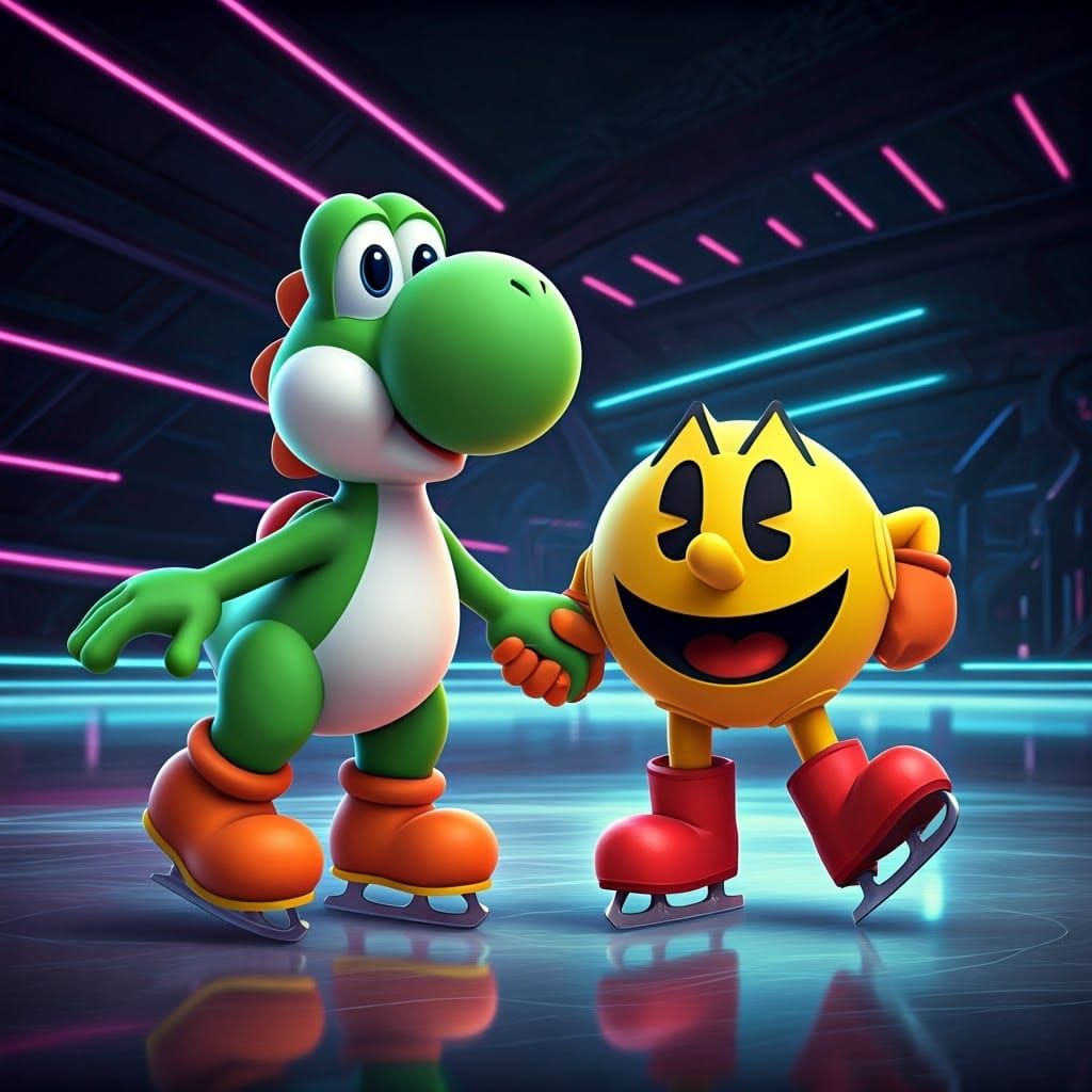 Neon Ice Skating Duo in a Futuristic Tron-Inspired 3D Scene