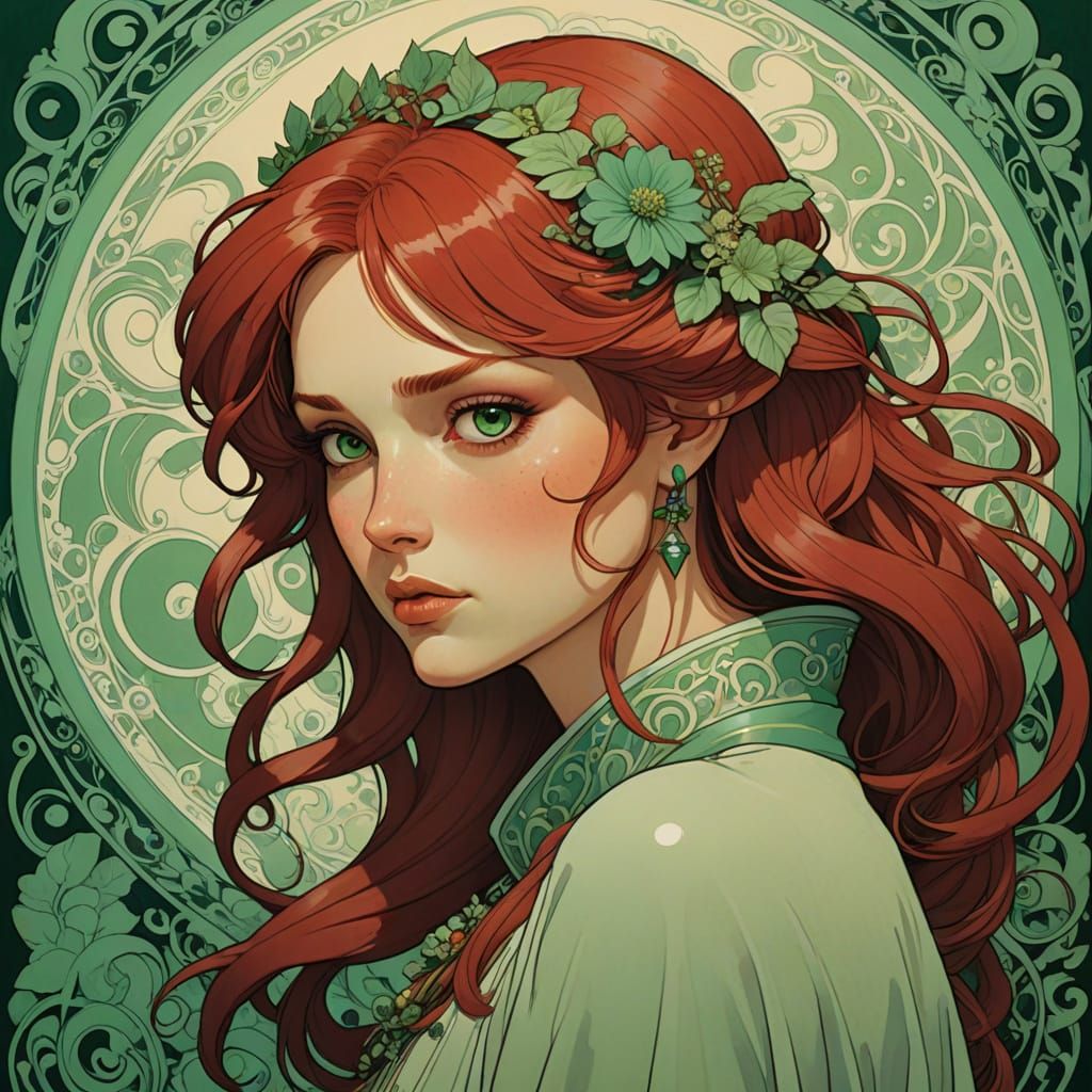 Red Haired Woman with Green Eyes in Artistic Style