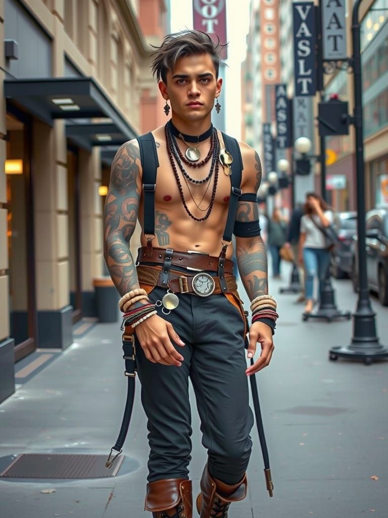 Steampunk Adventurer in Modern Metropolis