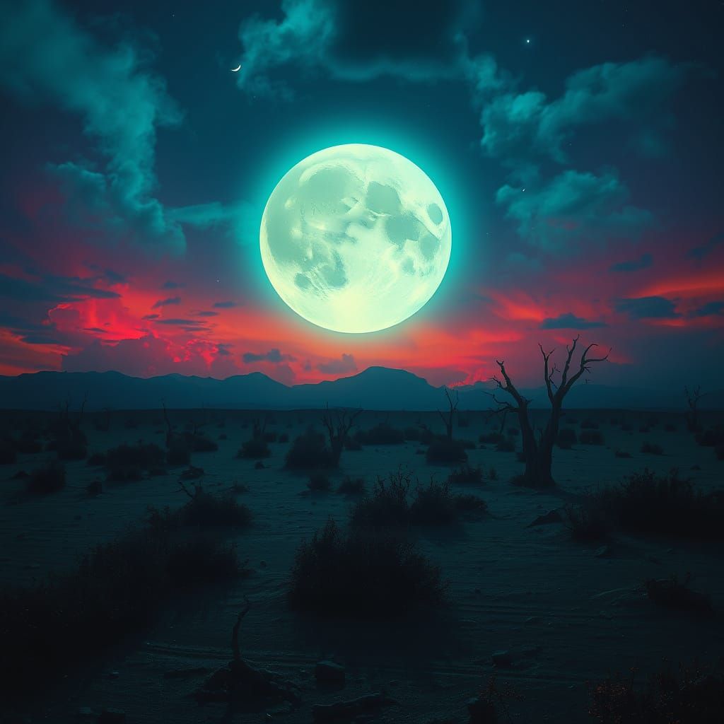 Bioluminescent Moon Over Desolate Landscape in Hyperrealism