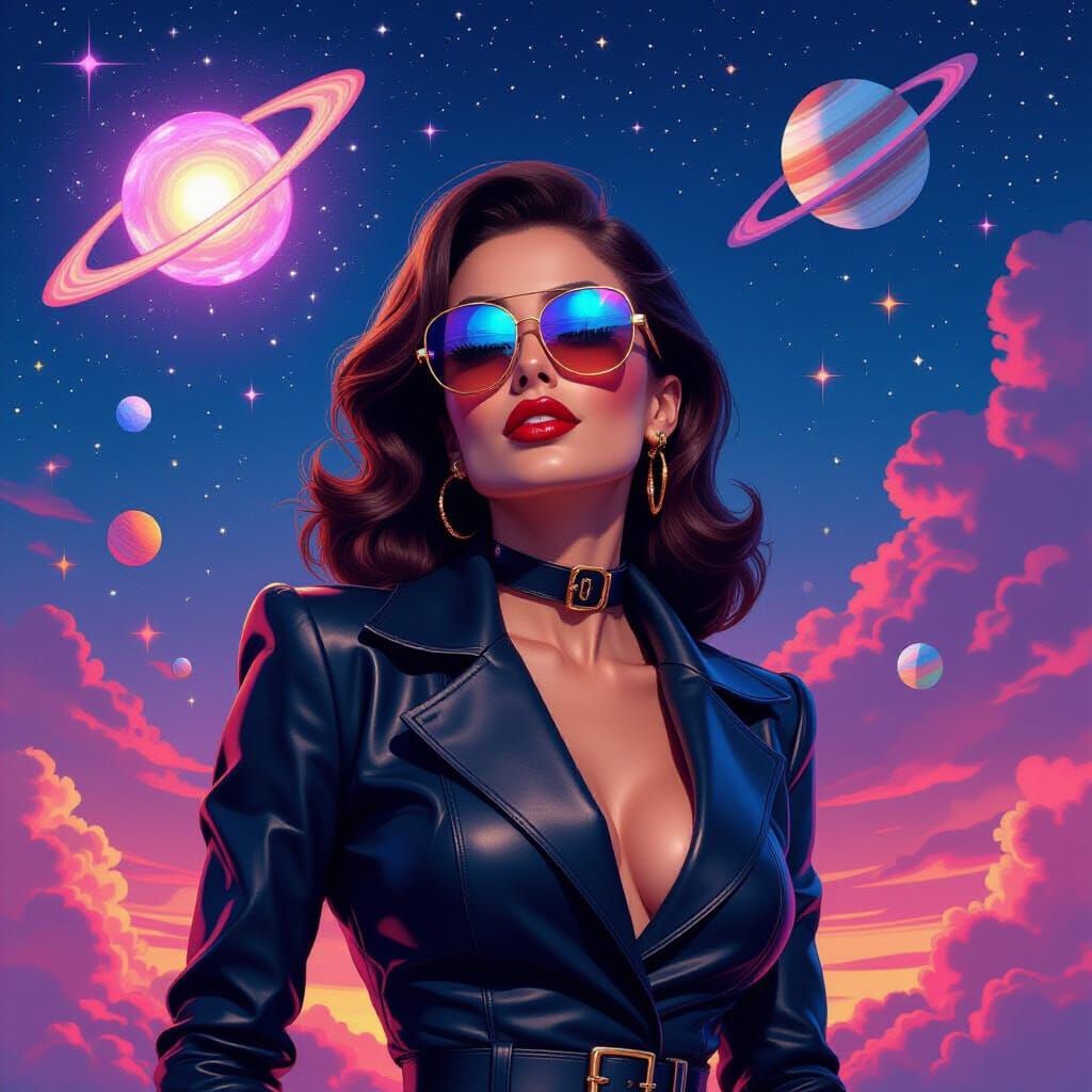 Retro Comic Heroine Soaring Through Neon Cosmos