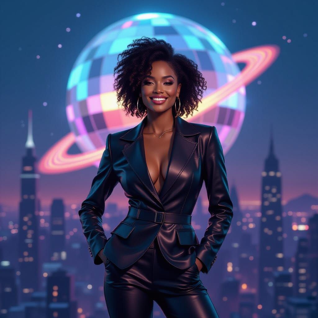 DJ Soaring Over Cityscape in Afrofuturism Style