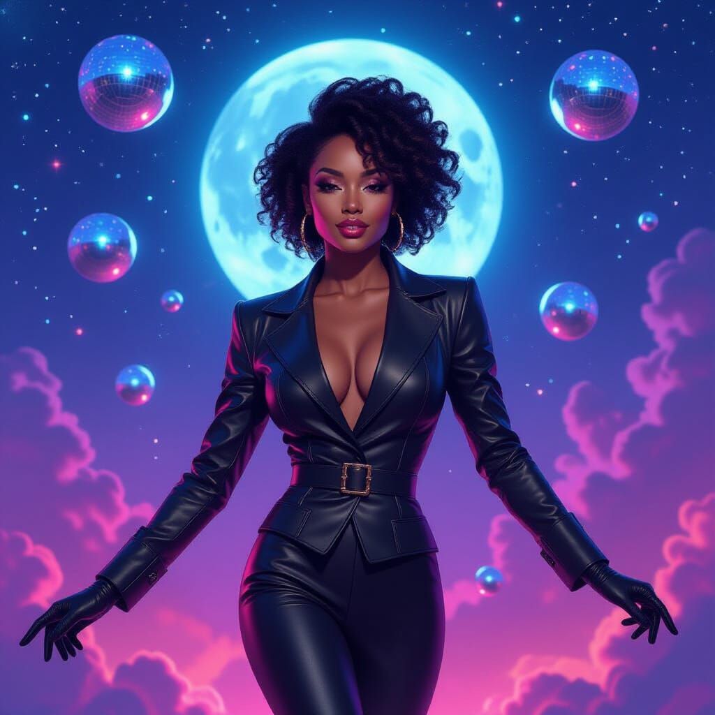 Fashionable Woman Flies Through Neon Sky in Photorealistic S...