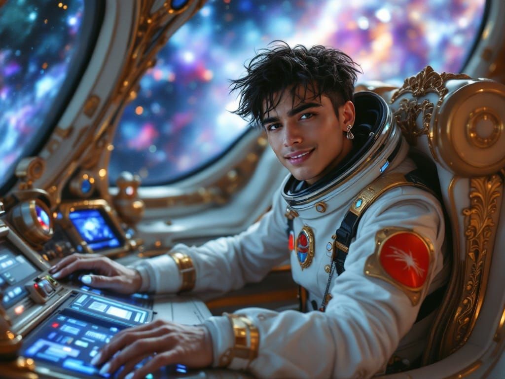 Elegant Latino Astronaut in Futuristic Spacecraft