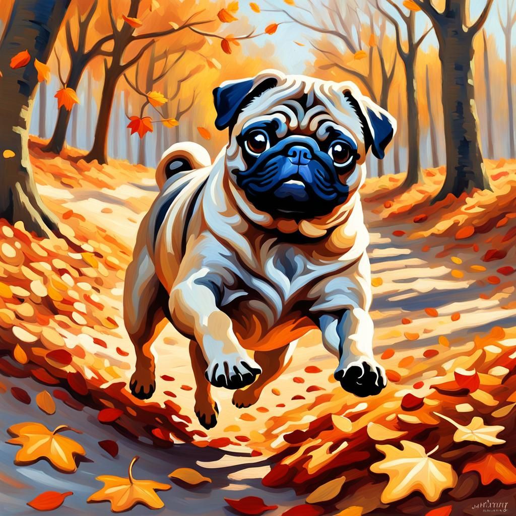 Pug Leaping Through Autumn Leaves as Oil Painting